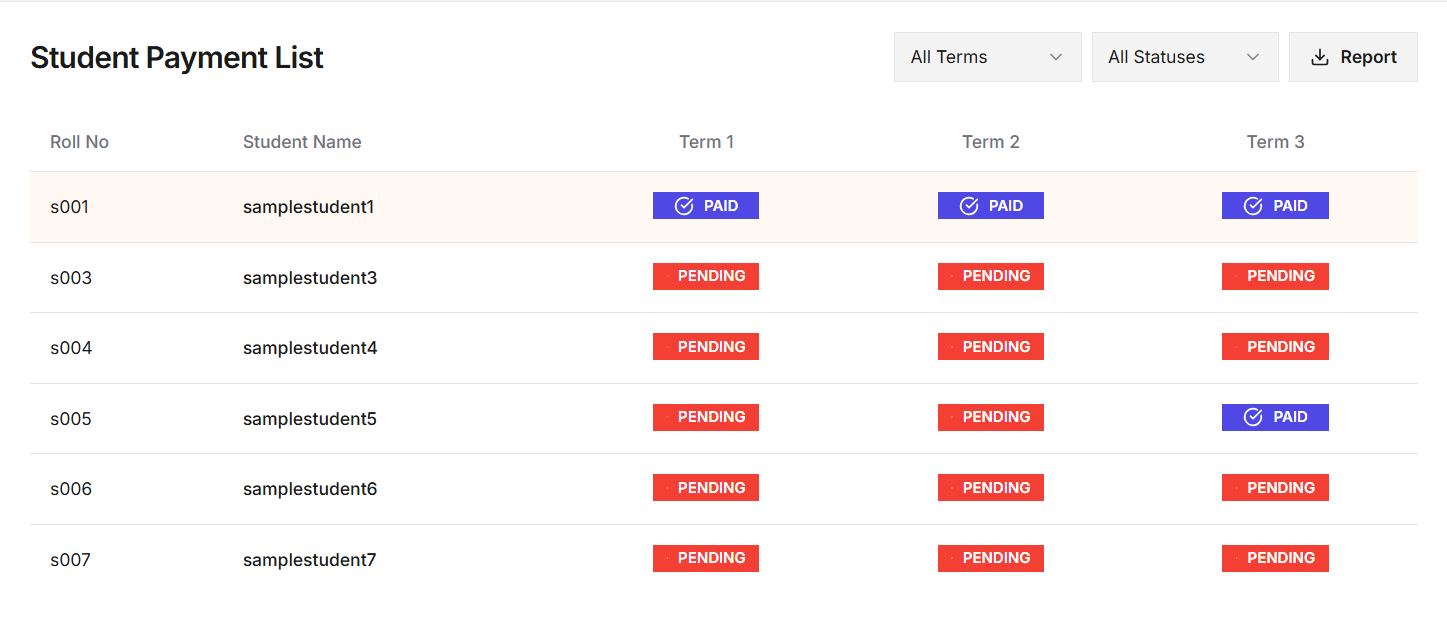 Fee Overview - Track class fee payment status