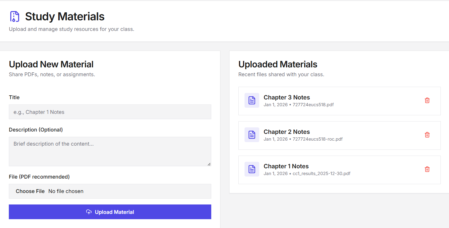 Study Materials Management - Upload and organize learning resources